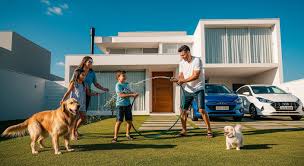 Família com filhos e cachorros no jardim de casa moderna